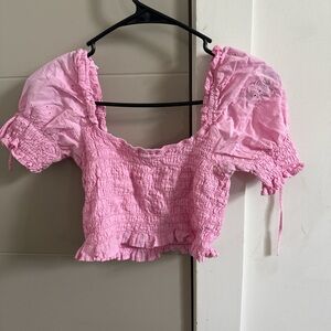 Love Tree Pink Puff Sleeve Smocked Crop Blouse